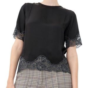 Sandro Twiggy Black Lace-trim silk-satin top b3a